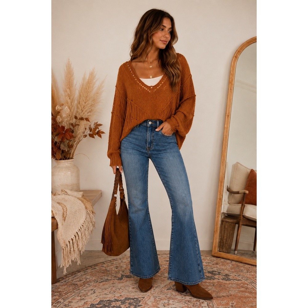 Free People Burnt Orange Cropped V-Neck Knit Sweater Eyelet Detail XS
